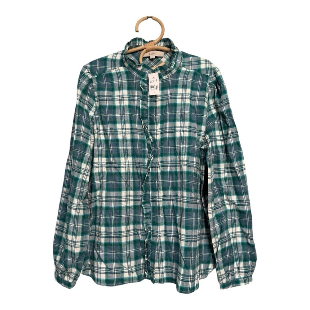 LOFT Green Plaid Ruffle High Neck Ruffle Front Button Down Shirt NEW Size Large - Picture 6 of 16